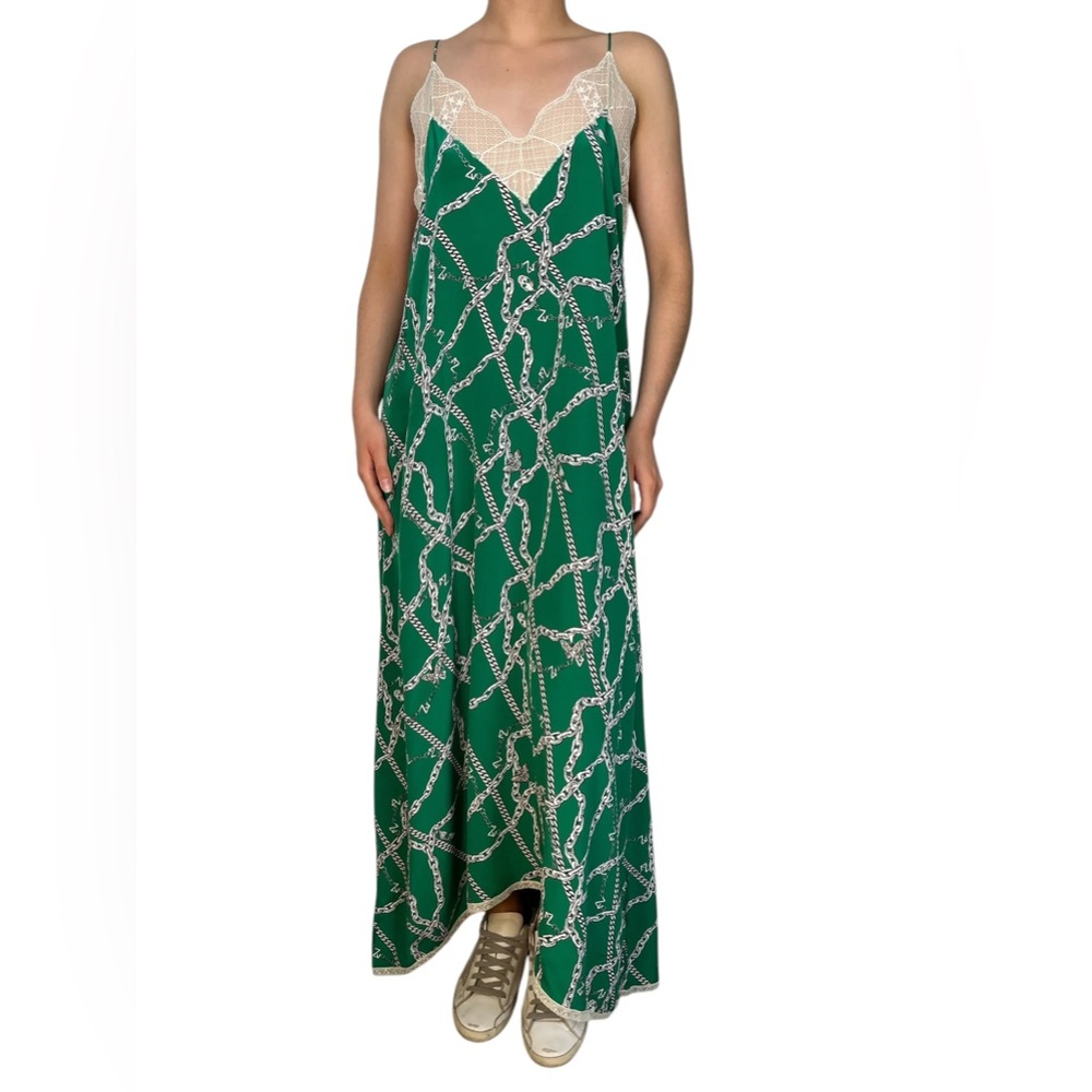 100% Silk Zadig & Voltaire RISTY CHAIN-PRINT LACE-TRIMMED MIDI DRESS IN GREEN